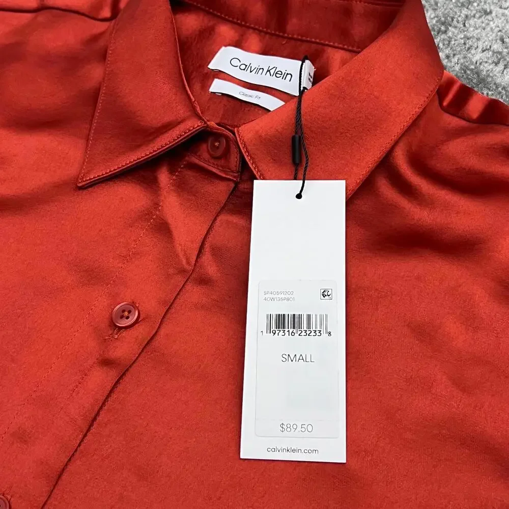 Calvin Klein Button Down Blouse Womens Small Orange Classic Fit Work Office NWT - Picture 9 of 9